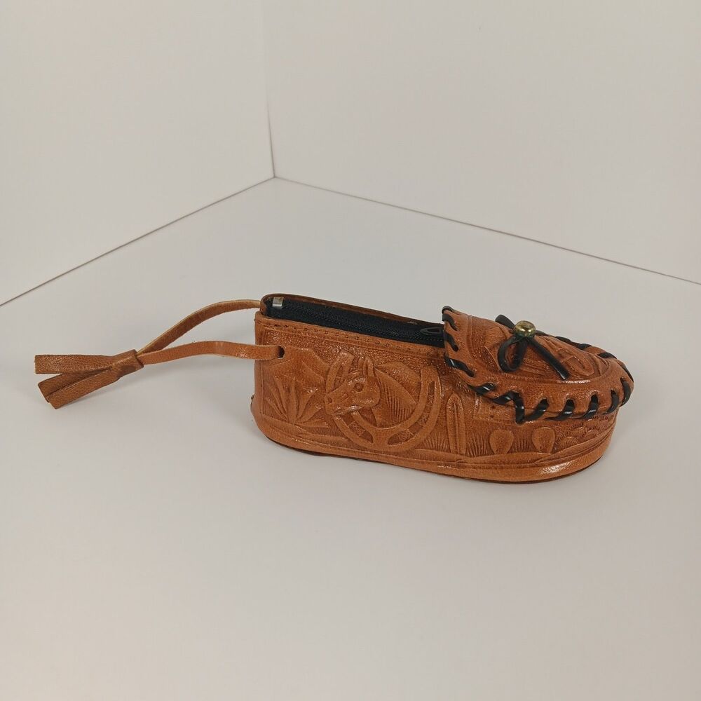 Hand Tooled Leather Western Mocassin Shoe Coin Purse Mexico 5”x2” Mini Cow Horse